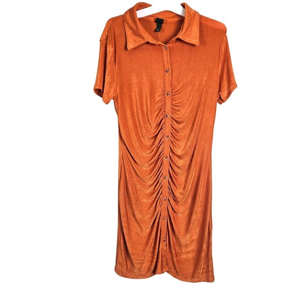 Wild Fable Womens M Dress Rust Orange Short Sleeve Button Down Ruched Bodycon - Picture 2 of 9